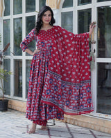 Red Color Printed Pure Cotton Three Piece Kurti Suit