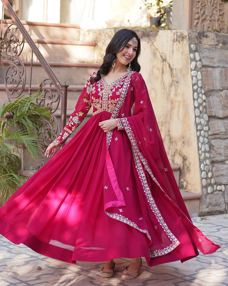 Rani Pink Color Faux Blooming Zari Embroidered Work Gown