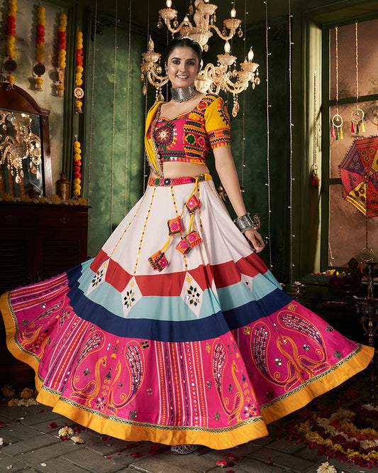 White Color Maslin Cotton Printed Mirror Work Navratri Lehenga Choli