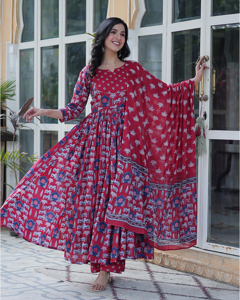 Red Color Printed Pure Cotton Three Piece Kurti Suit
