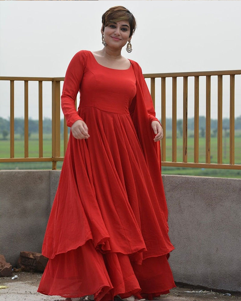 Red Color Faux Georgette Double Layer Anarkali Suit
