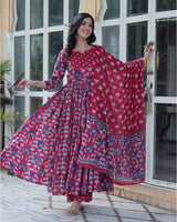 Red Color Printed Pure Cotton Three Piece Kurti Suit
