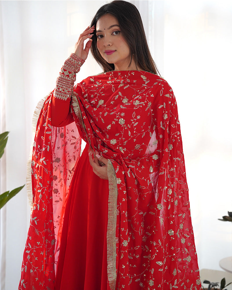 Red Color Soft Georgette Anarkali Gown With Heavy Embroidery Work Dupatta