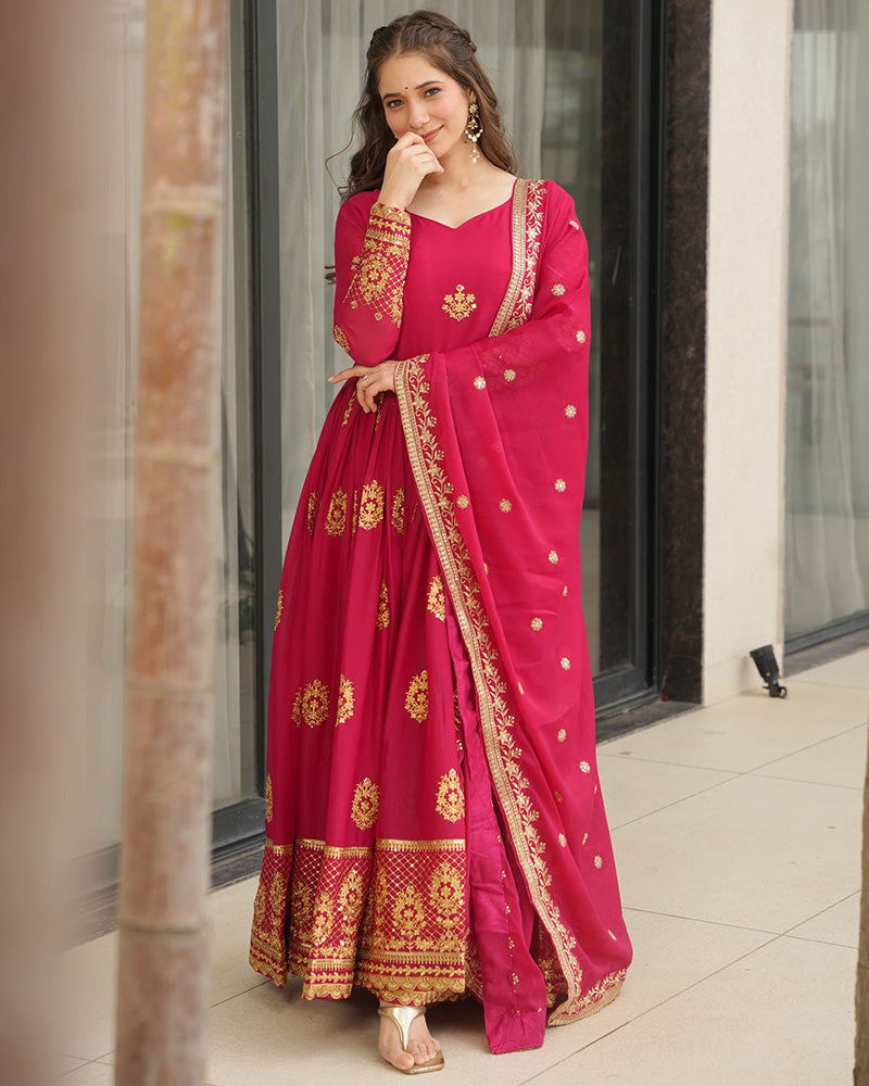 Rani Pink Color Star Georgette Sequence Embroidered Gown