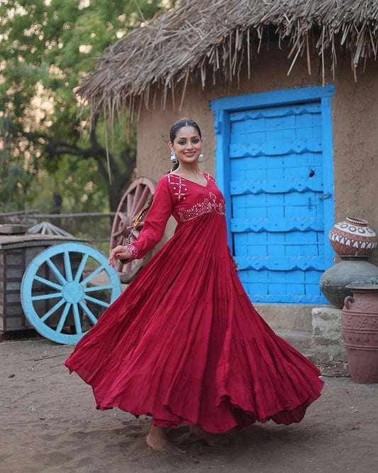 Maroon Color Reyon Ruffle Style Navratri Gown