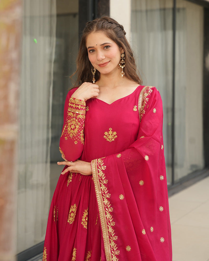 Rani Pink Color Star Georgette Sequence Embroidered Gown