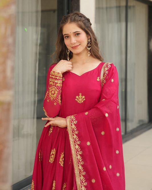 Rani Pink Color Star Georgette Sequence Embroidered Gown