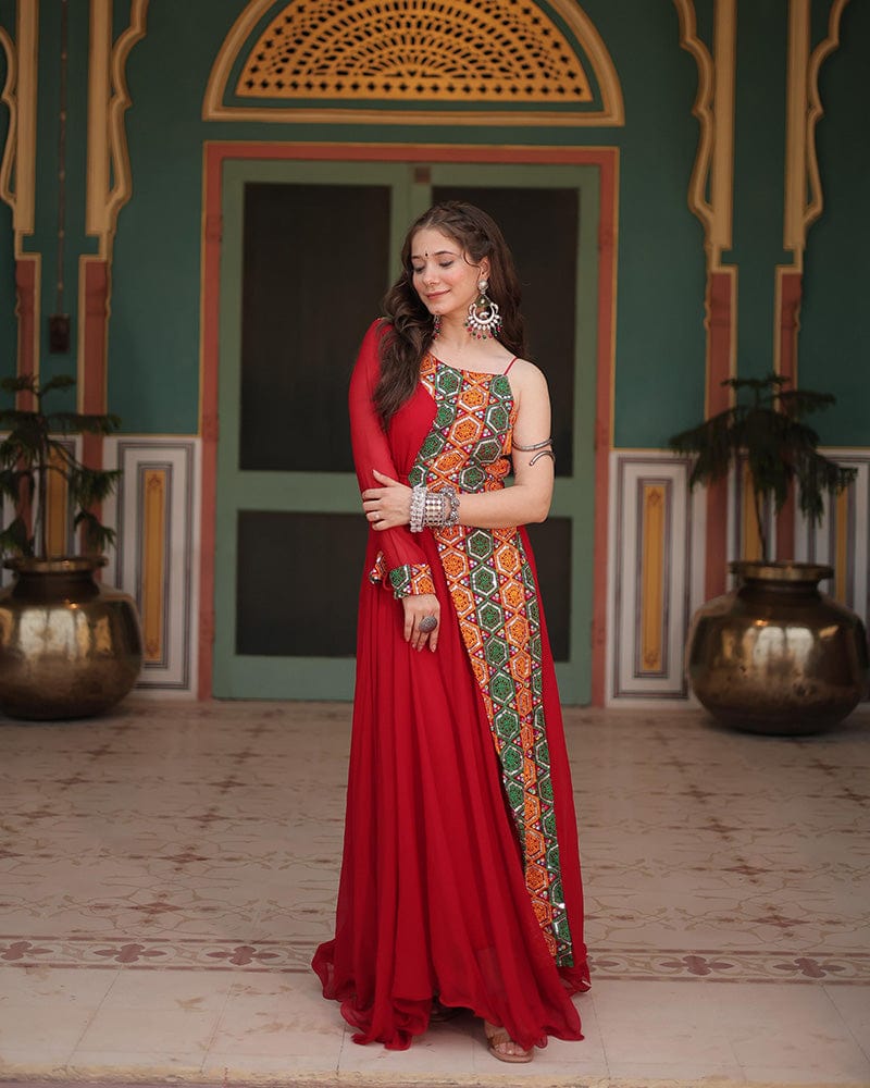 Red Color Faux Blooming Navratri Gown