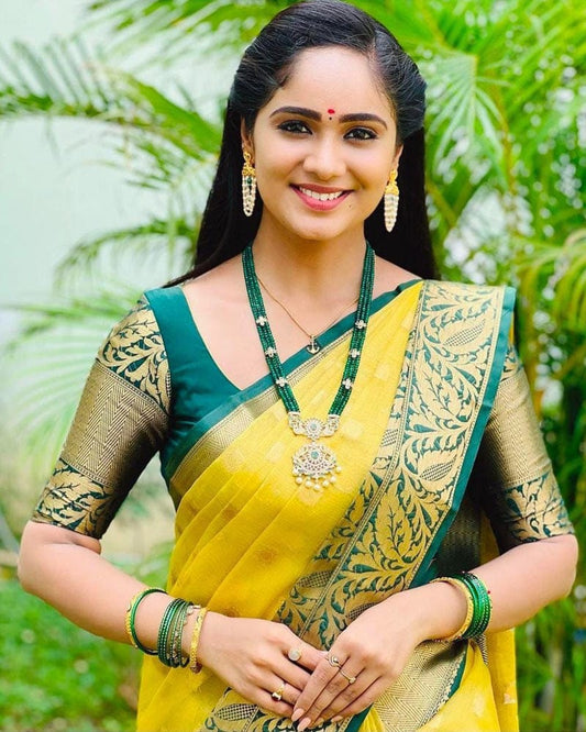 Beautiful Yellow And Green Color Soft Silk Saree