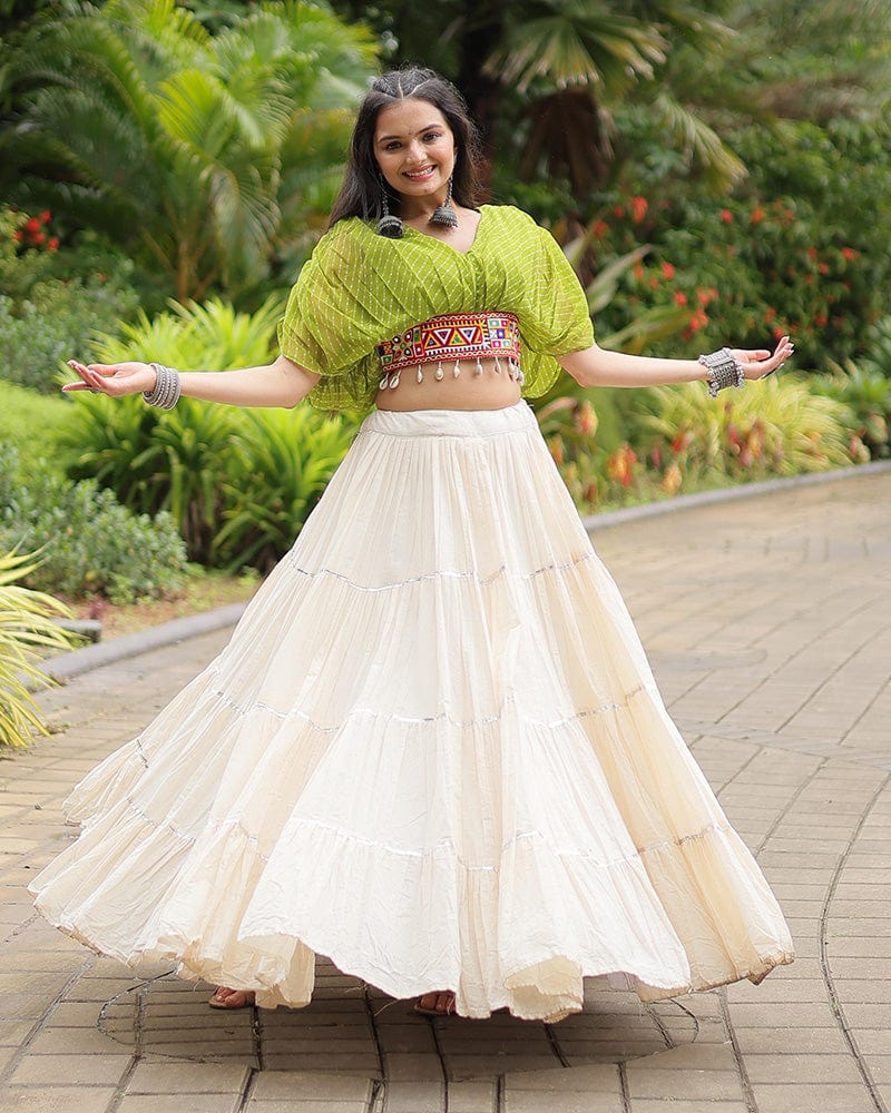 White Color Kora Cotton Lehenga With Parrot Green Choli