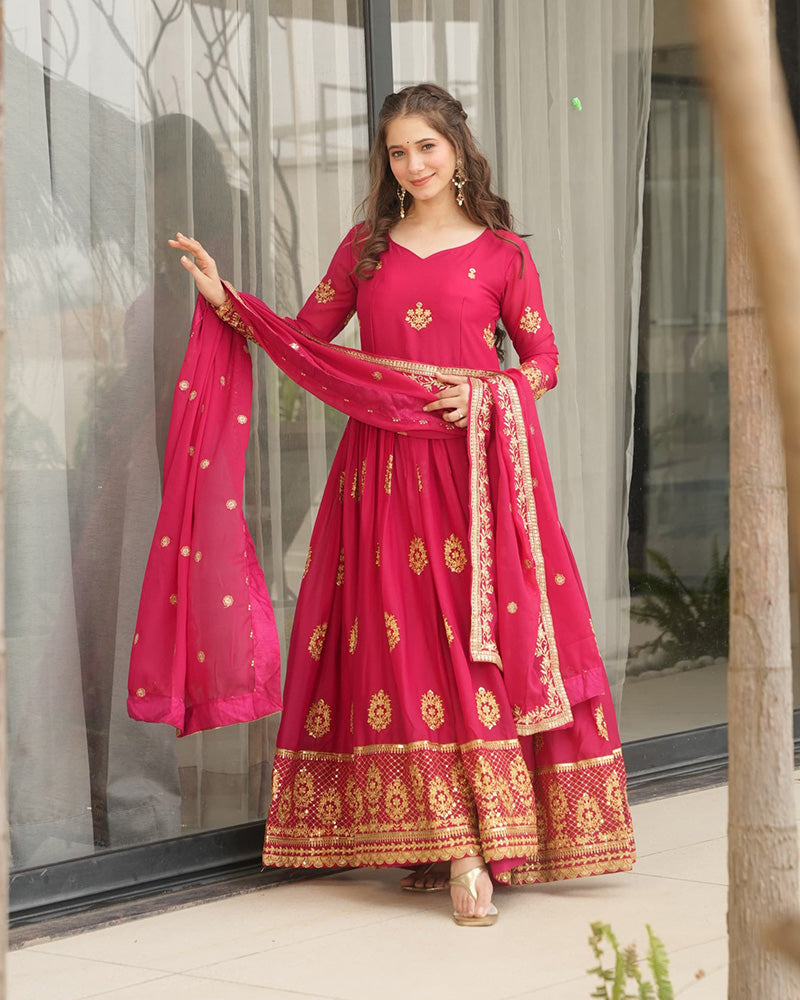 Rani Pink Color Star Georgette Sequence Embroidered Gown