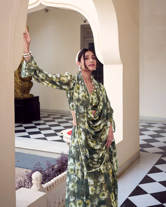 Mehndi Color Weightless Marble Printed Saree