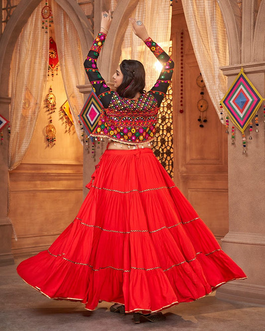 Red Color Viscose Rayon Threaded Fully Stitched Navratri Lehenga Choli