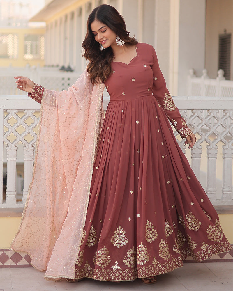 Chocolate Color Full Floor Length Anarkali Gown With Sequence Embroidery Dupatta