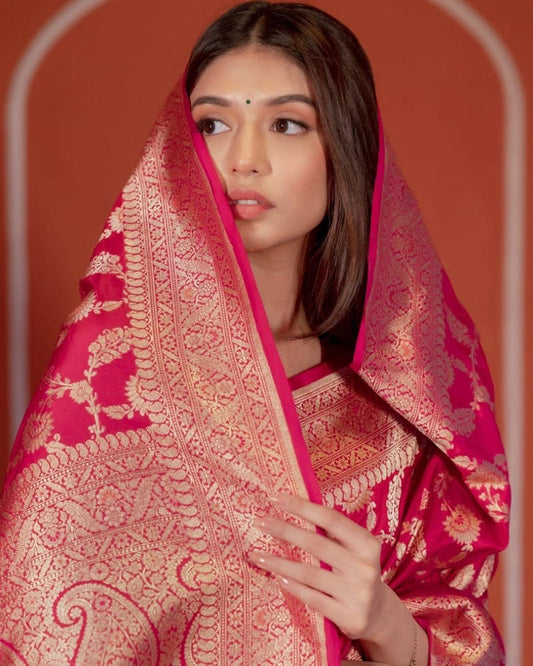 Rani Pink Color Banarasi Soft Silk Saree