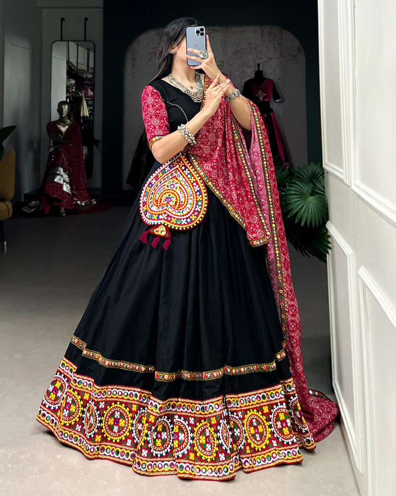 Designer Black Color Cotton Real mirror Work Navratri Lehenga Choli
