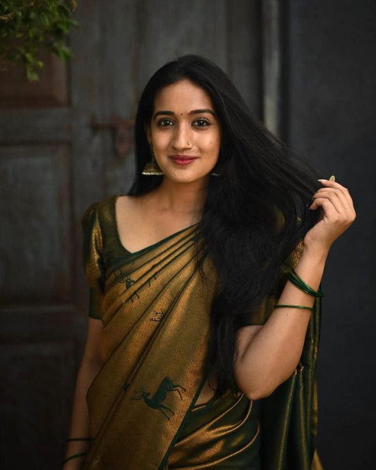 Beautiful Mehandi Color Soft Lichi Silk Saree