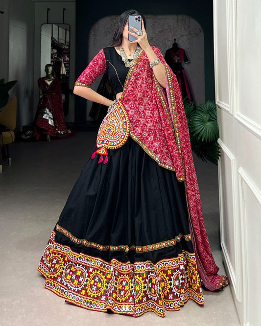 Designer Black Color Cotton Real mirror Work Navratri Lehenga Choli