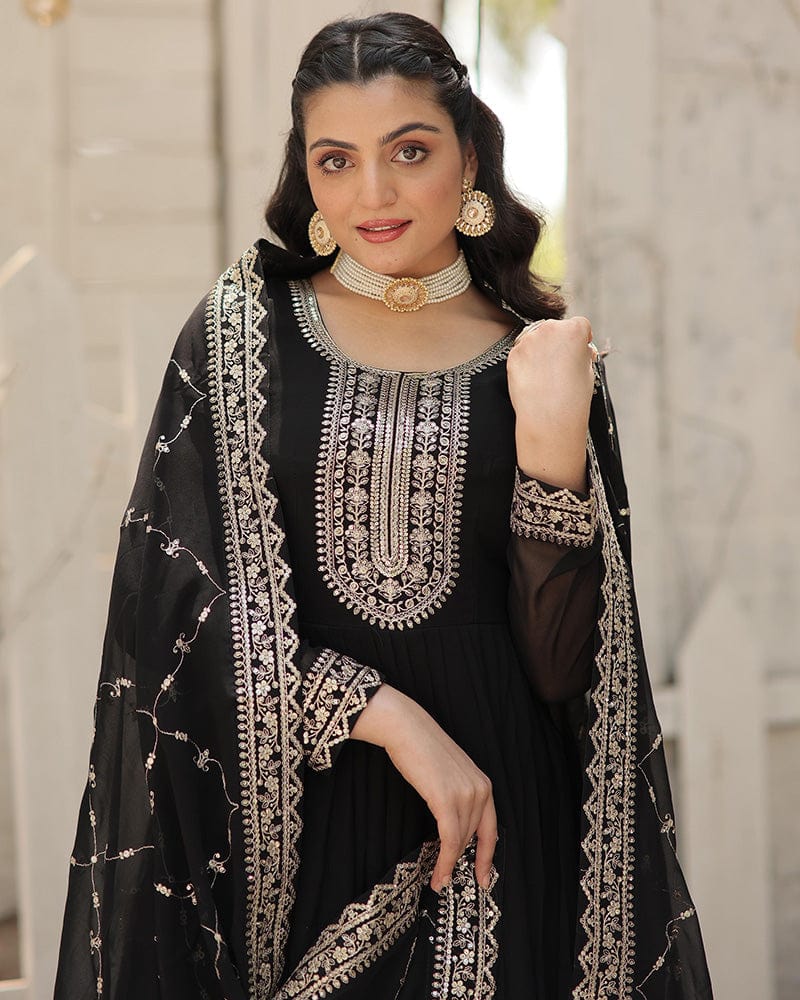 Black Color Faux Blooming Rich Sequence Embroidered Gown