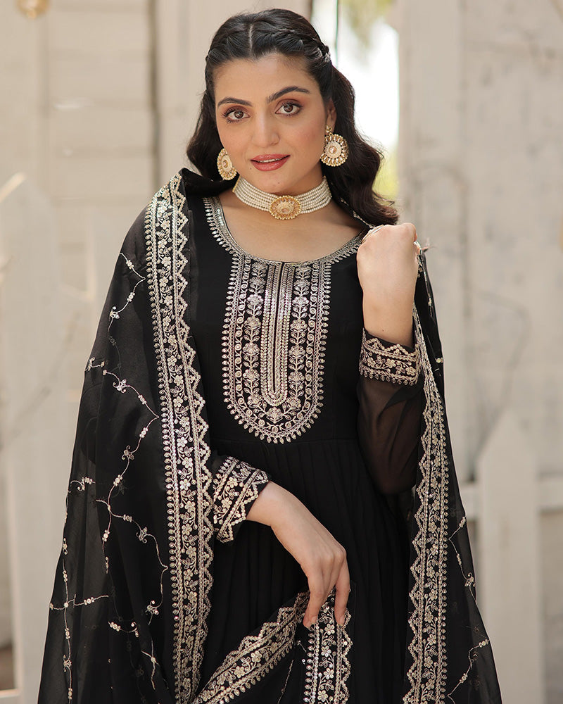 Black Color Faux Blooming Rich Sequence Embroidered Gown