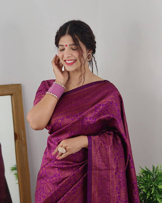 Wine Color Banarasi Jacquard Soft Silk Saree