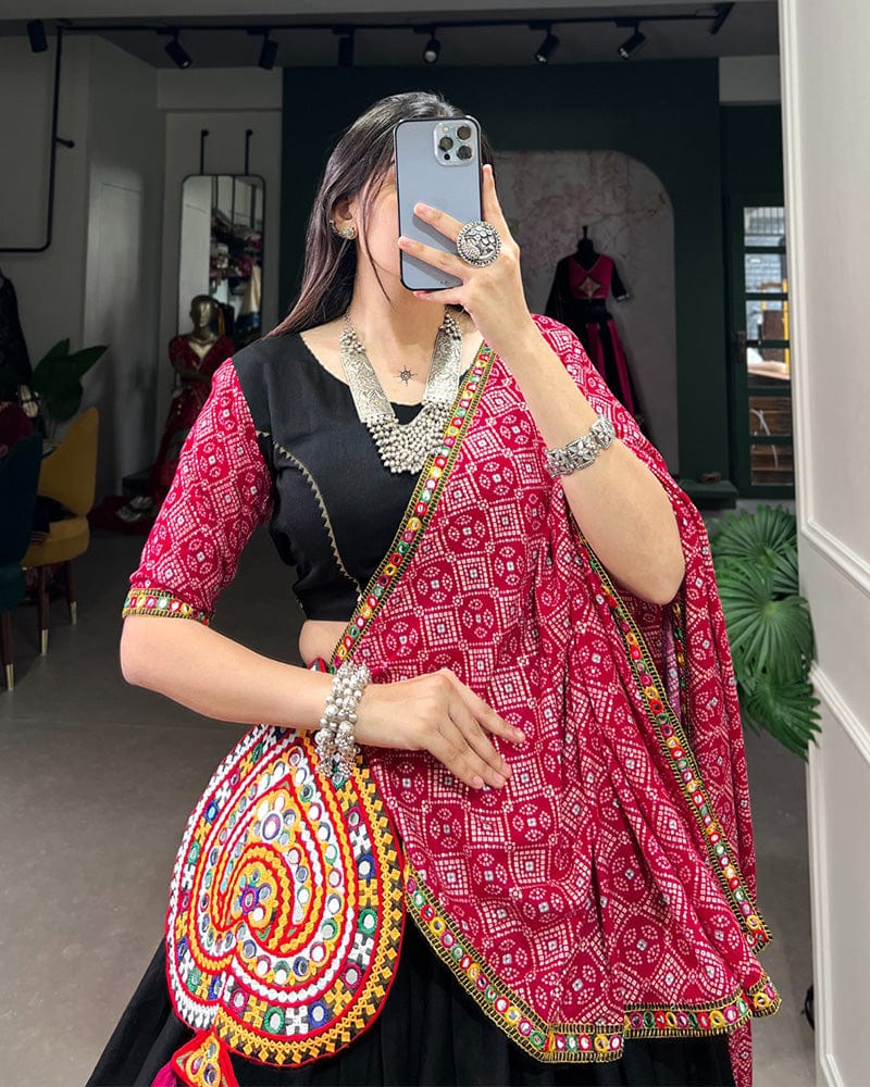 Designer Black Color Cotton Real mirror Work Navratri Lehenga Choli