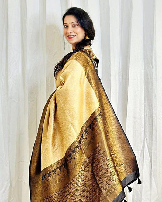 Beautiful Golden Color Soft Lichi Silk Saree