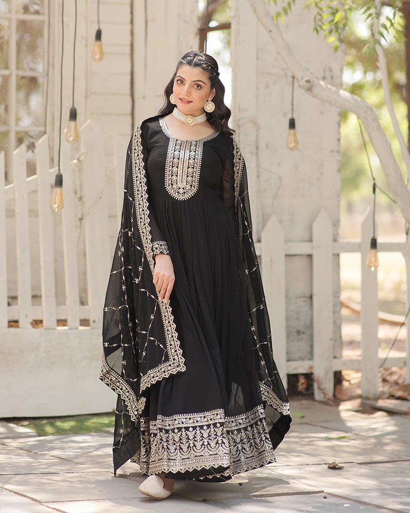 Black Color Faux Blooming Rich Sequence Embroidered Gown