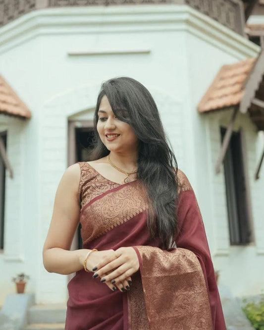 Beautiful Brown Color Jacquard Print Banarasi Soft Silk Saree