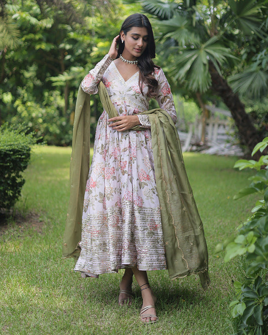 Wedding Wear Floral Embroidered Off White Color Alia Cut Gown With Dupatta