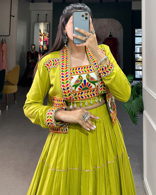 Parrot Green Color Pure Rayon Gamthi Navratri Lehenga Choli