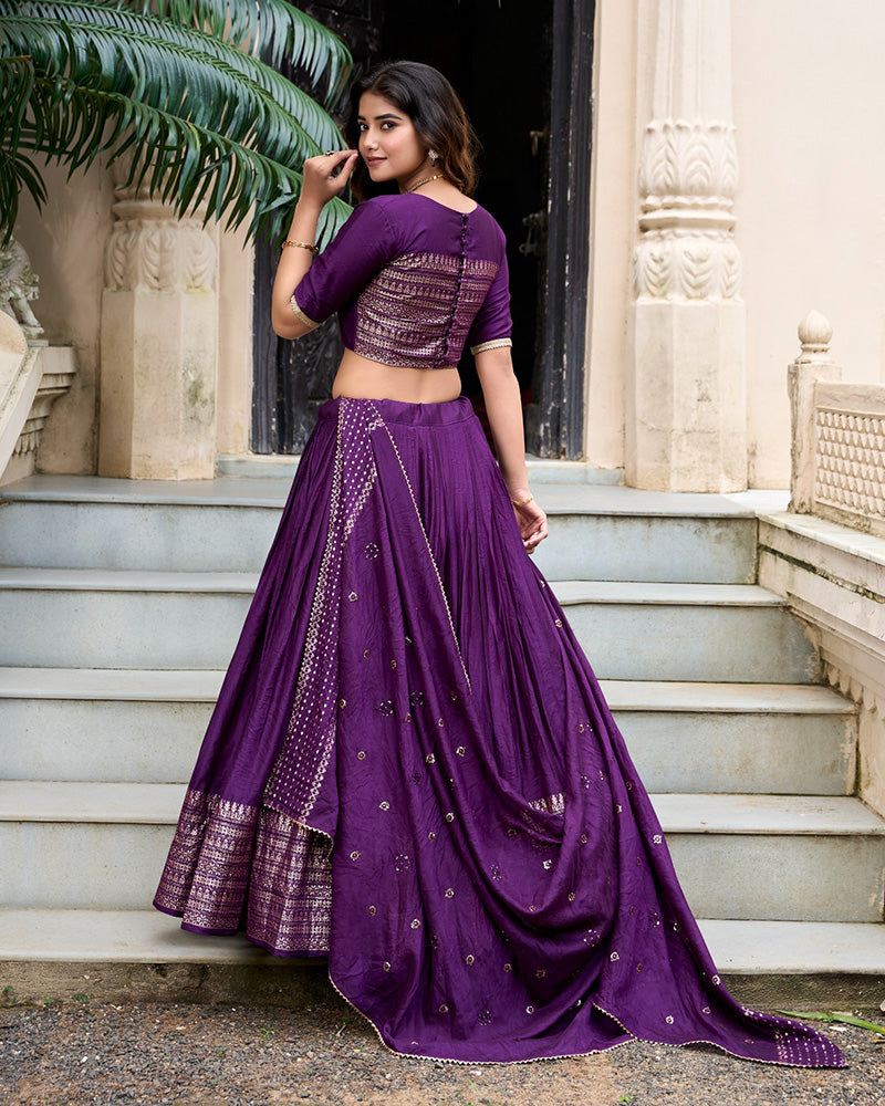 Dark Purple Color Pure Chanderi Plain Navratri Lehenga Choli