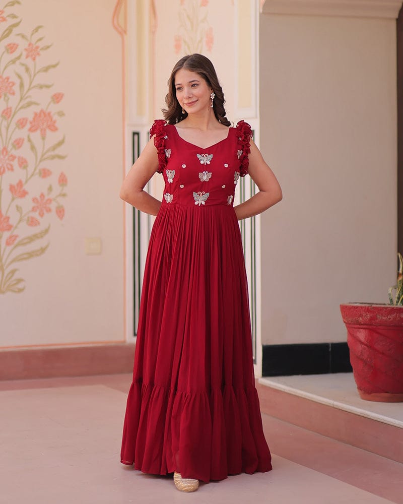 Red Color Faux Blooming Embroidered work Gown