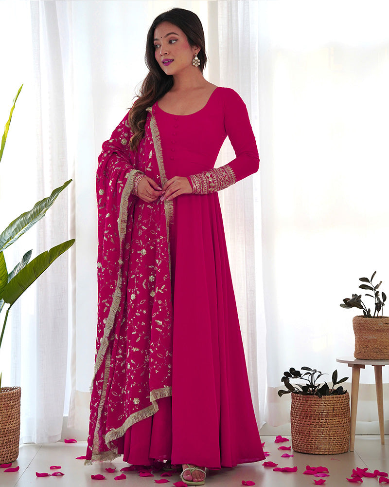 Rani Pink Color Soft Georgette Anarkali Gown With Heavy Embroidery Work Dupatta