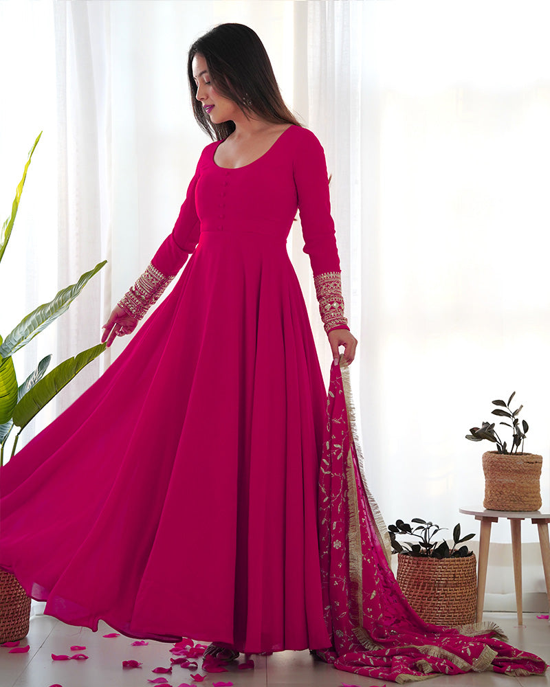 Rani Pink Color Soft Georgette Anarkali Gown With Heavy Embroidery Work Dupatta