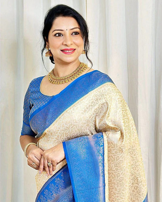 Beautiful Cream Color Soft Lichi Silk Saree