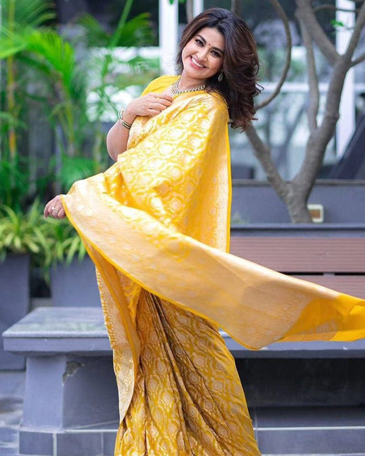 Heavy Designing Yellow Color Jacquard Print Soft Silk Saree