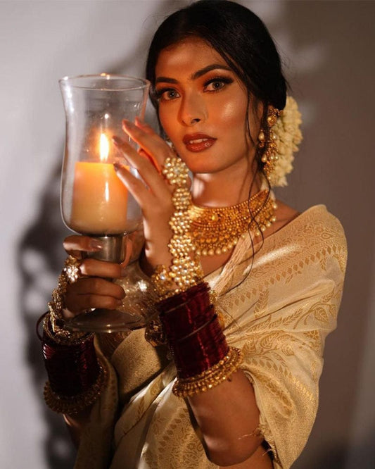 Heavy Designing Cream Color Soft Lichi Silk Saree