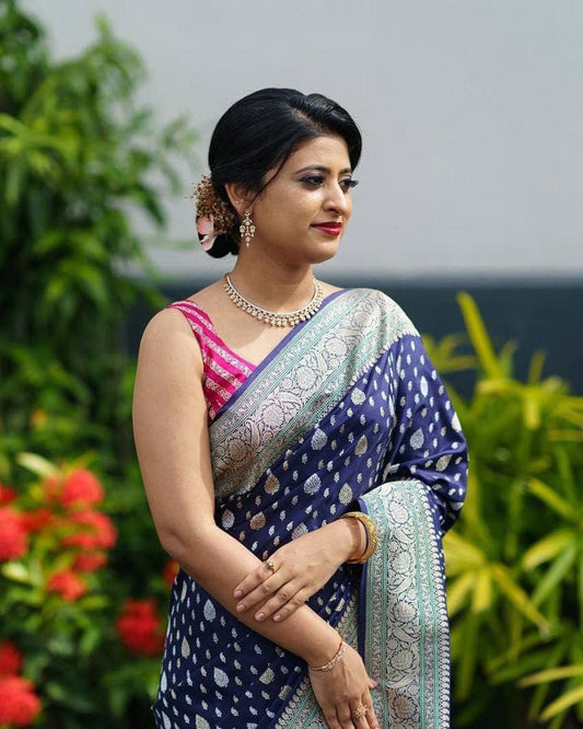 Heavy Designing Navy Blue Color Banarasi Soft Silk Saree