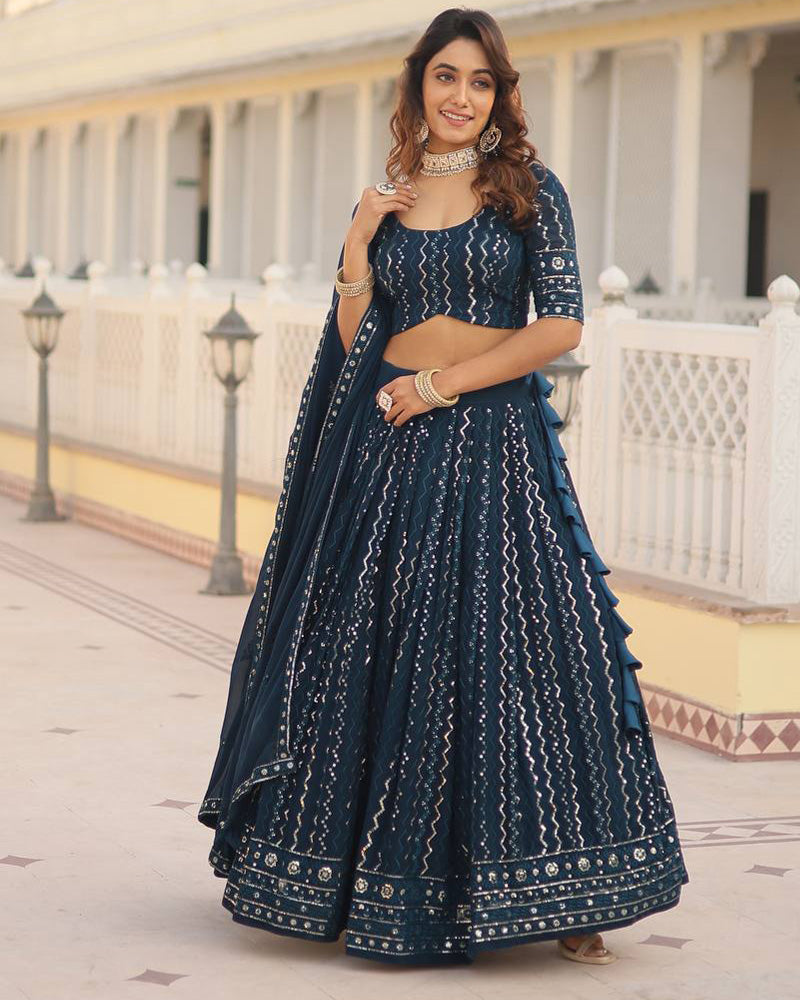 Rama Color Blooming Soft Georgette Heavy Embroidery Threaded Semi Stitched Lehenga Choli