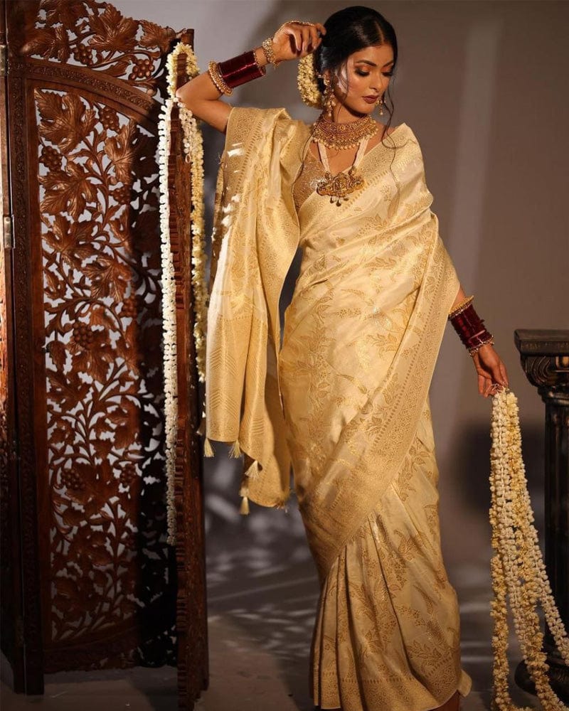 Heavy Designing Cream Color Soft Lichi Silk Saree