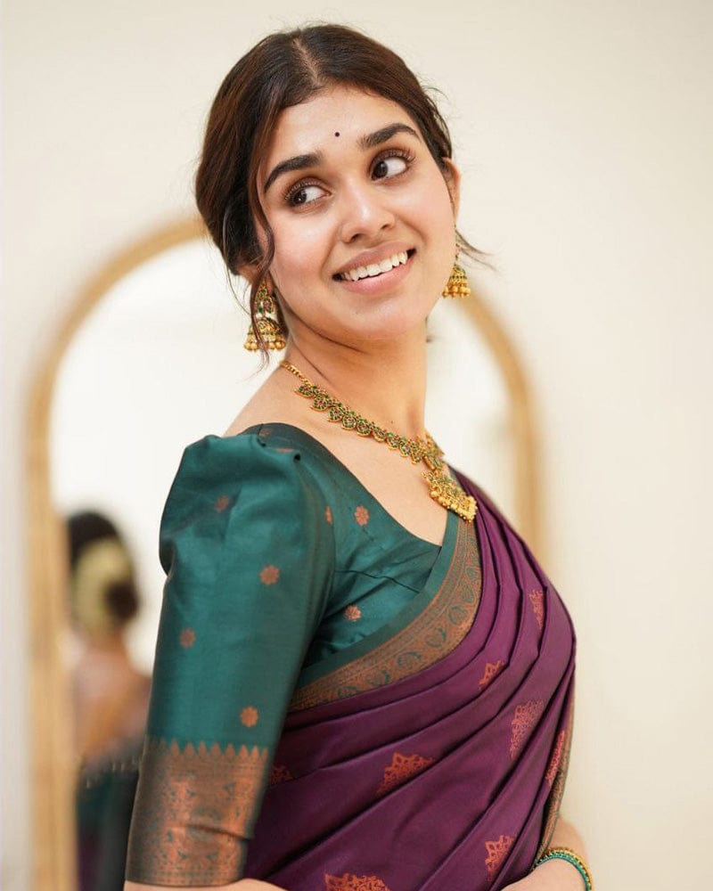 Wine Color Jacquard Print Banarasi Soft Silk Saree