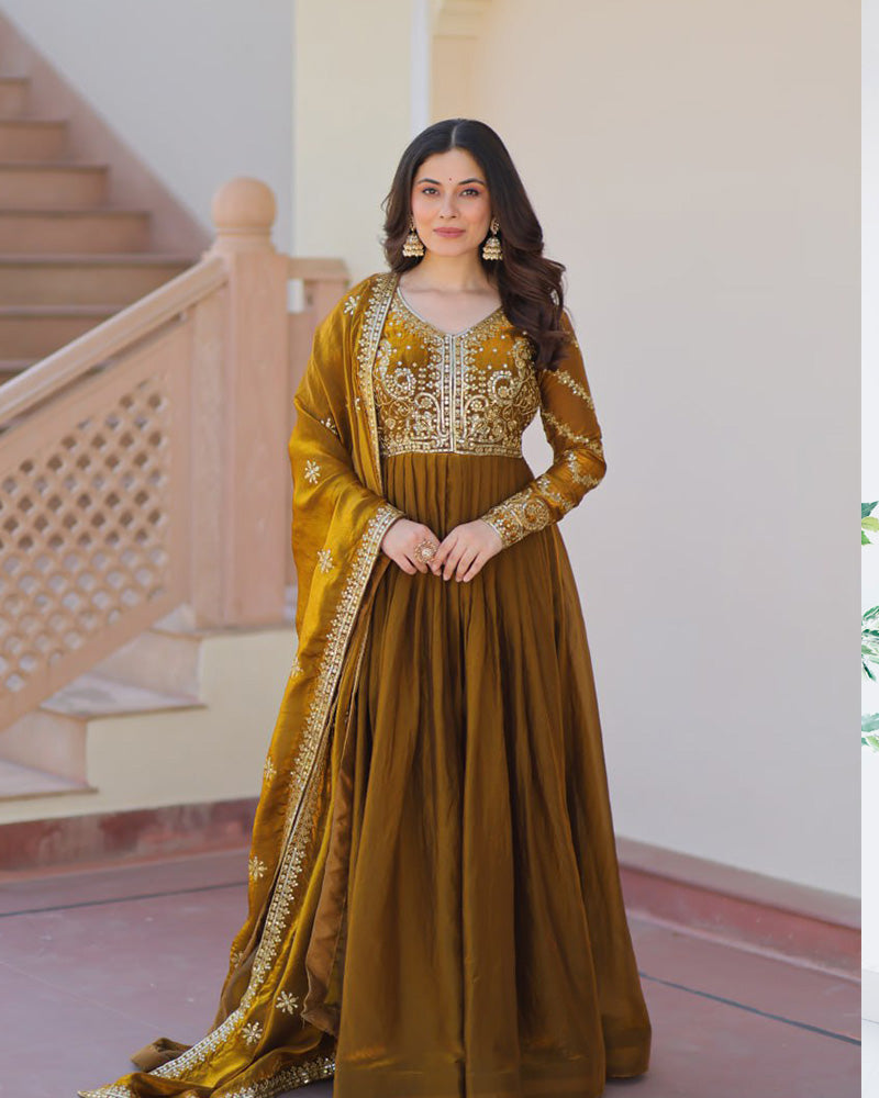 Mehndi Color Fendi Embroidered Gown