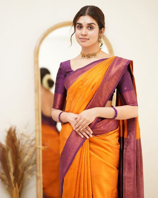 Orange Color Jacquard Print Banarasi Soft Silk Saree