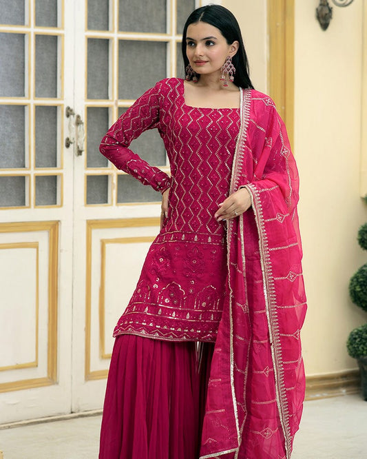 Rani Pink Color Three Piece Sharara Suit