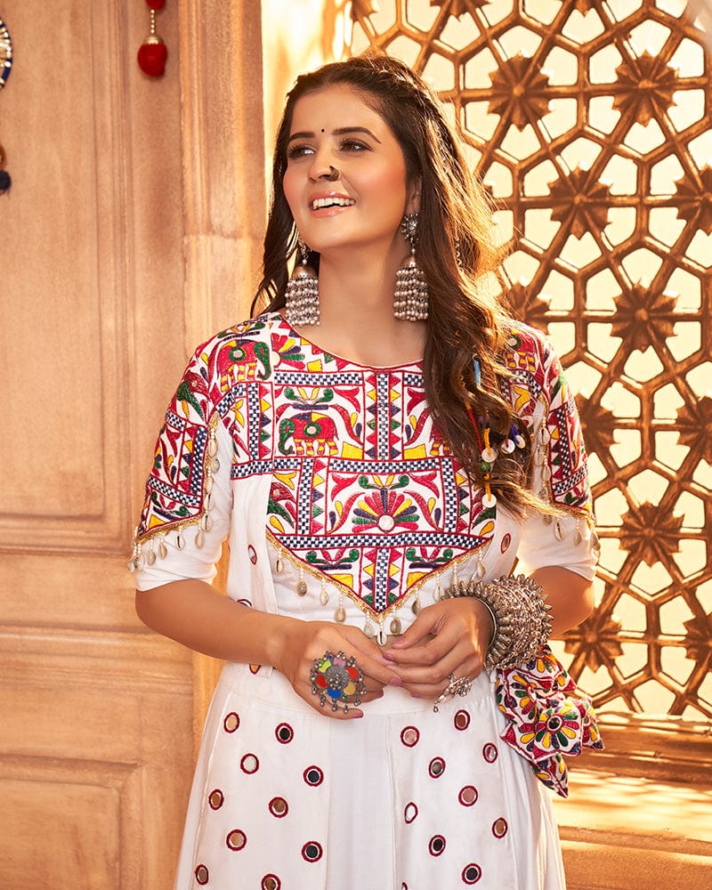 White Color Viscose Rayon Threaded Fully Stitched Navratri Lehenga Choli