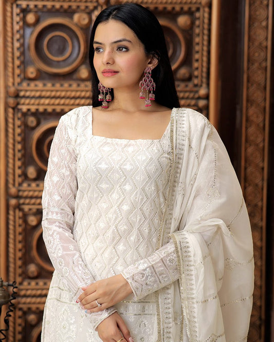 White Color Three Piece Sharara Suit