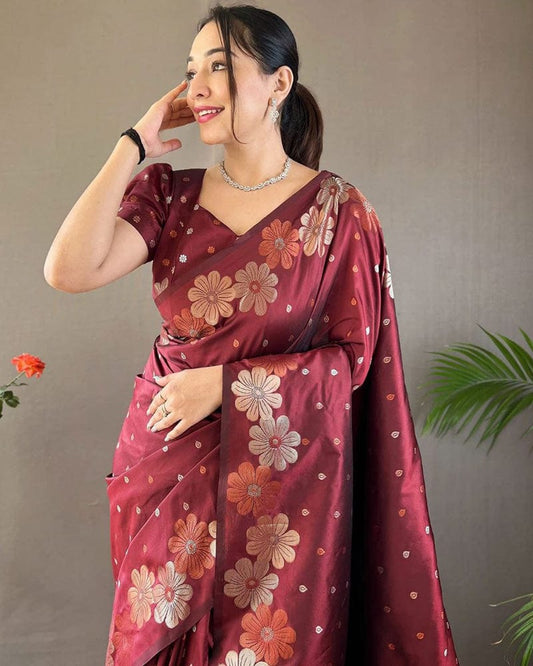 Jacquard Design Maroon color Soft Lichi Silk Saree