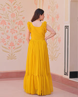 Yellow Color Faux Blooming Embroidered work Gown