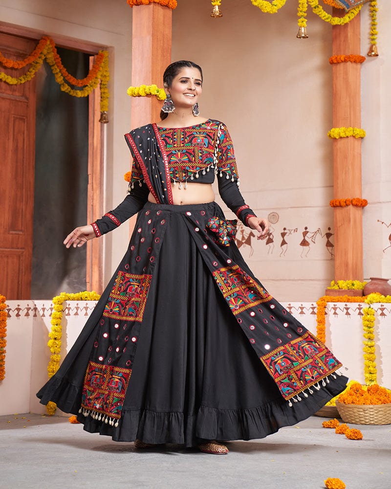 Black Color Viscose Rayon Thread And Mirror Work Fully Stitched Navratri Lehenga Choli